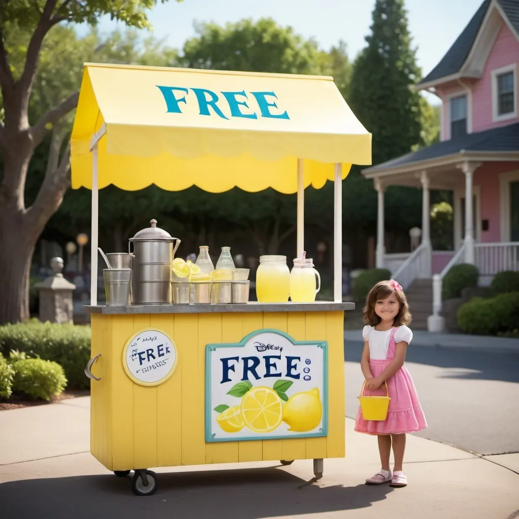 Prompt: Disney pixar style. DOF. little girl. lemonade stand. sign reads "free",