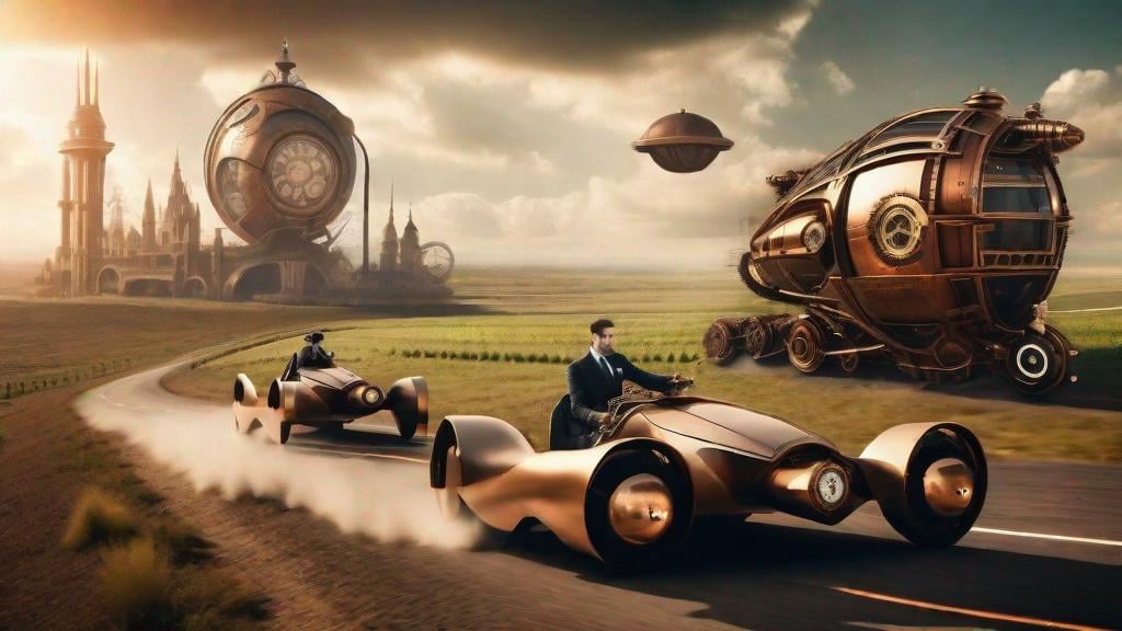 Prompt: Photo of a landscape that is steampunk on one side and futuristic on the other, with people in business suites racing in effort towards the future side