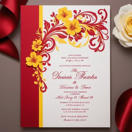 Prompt: wedding invitation design with theme color red, yellow