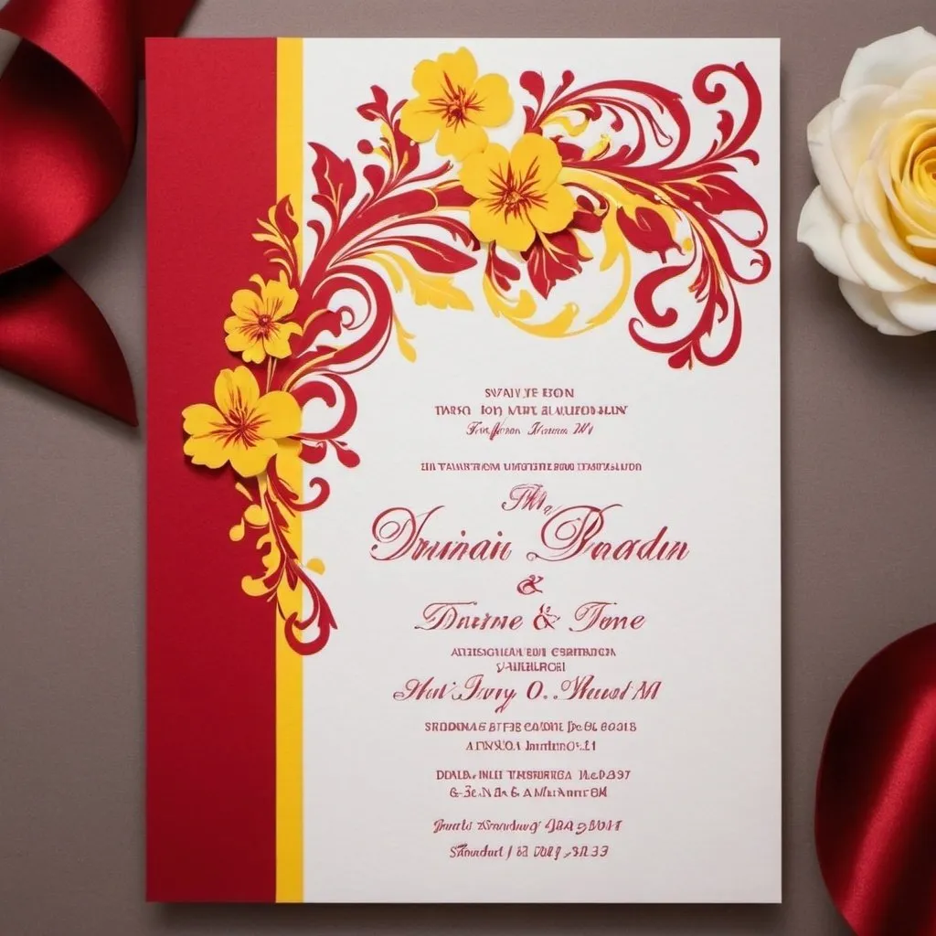 Prompt: wedding invitation design with theme color red, yellow
