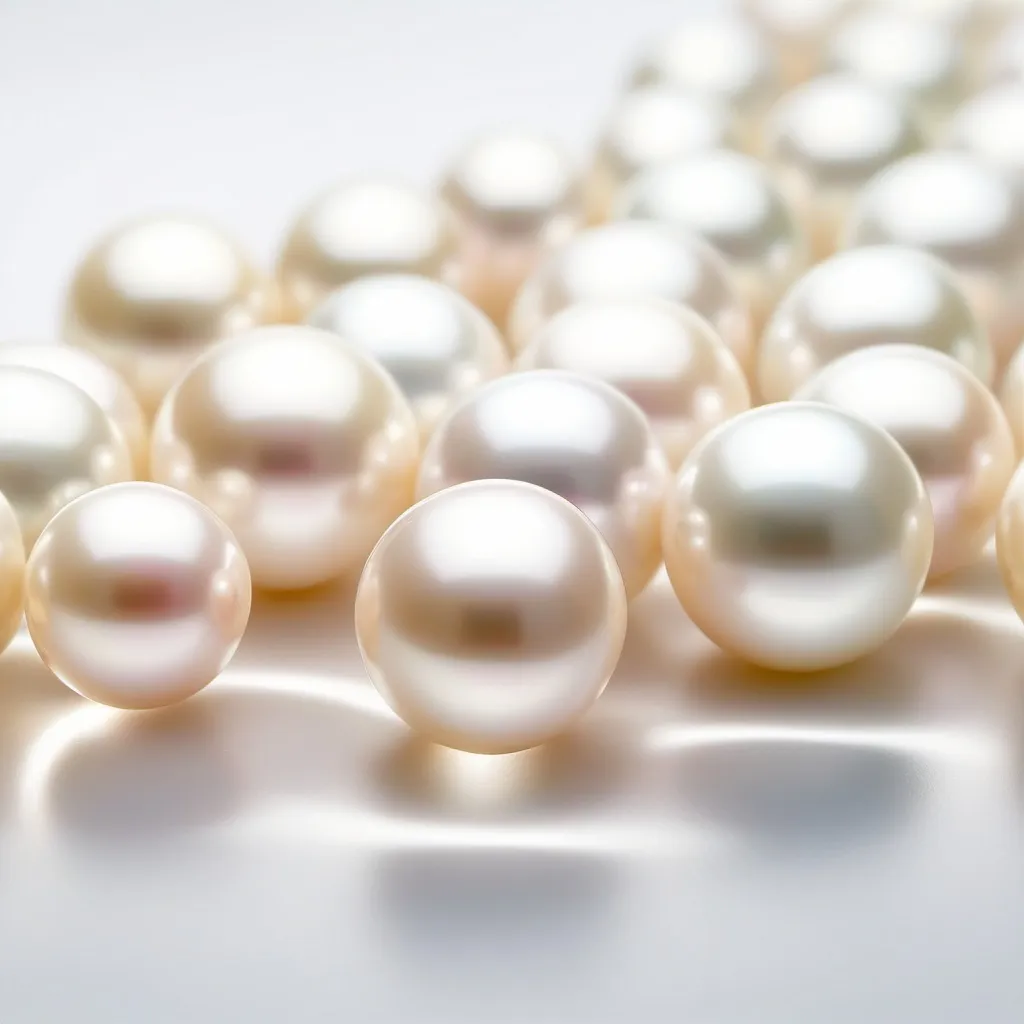 Prompt: A zoomed out blurred image of loose  white south sea pearls fading on a white background  background purposes
