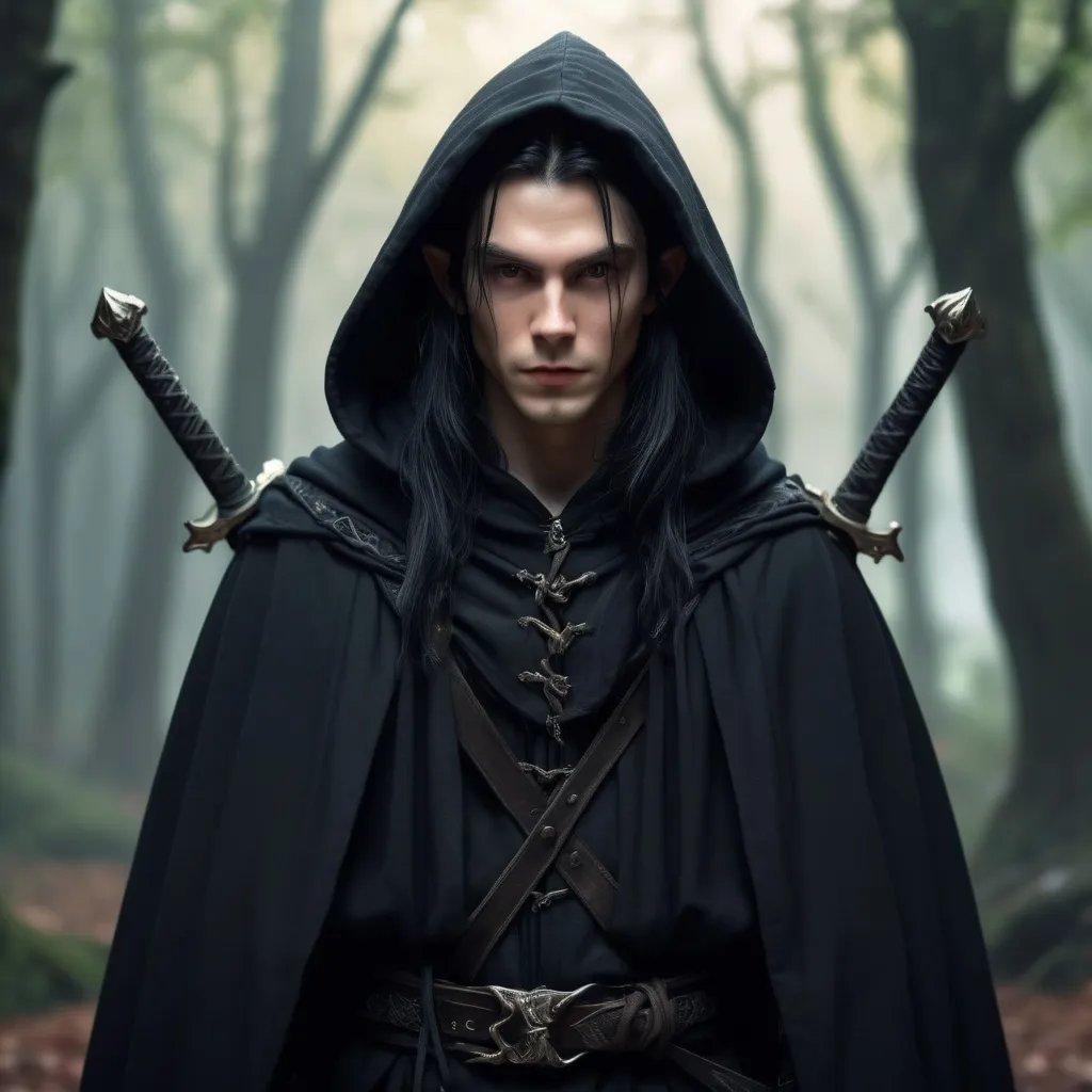 Prompt: Young elf, black long hair, thin pale face, which is partially covered by a hood and a black cloack, friendly face but mischievous, piercing eyes, a grin on his lips, having two swords strapped to his back