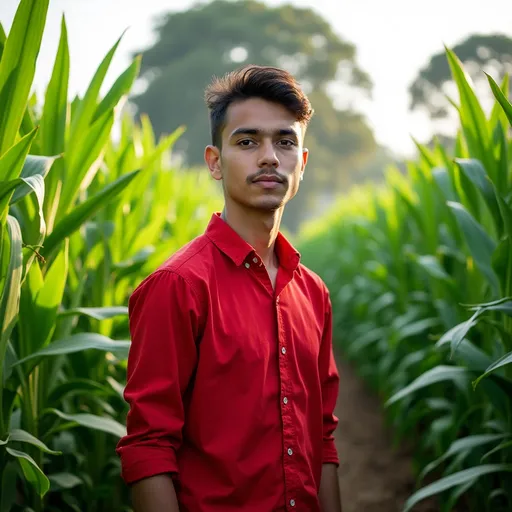 Prompt: Amidst tall, lush green plants, a young man stands confidently, dressed in a vibrant red shirt that contrasts strikingly with the verdant foliage surrounding him. His expression is calm and introspective, creating an air of tranquility that complements the serene, natural backdrop, where sunlight filters through the leaves of distant trees. The scene suggests a rural or agricultural setting, likely during the day, with clear skies that enhance the vivid colors of both the man's outfit and the leafy environment. The composition draws attention to the harmonious relationship between the subject and his surroundings, conveying a sense of peace and connection to nature.