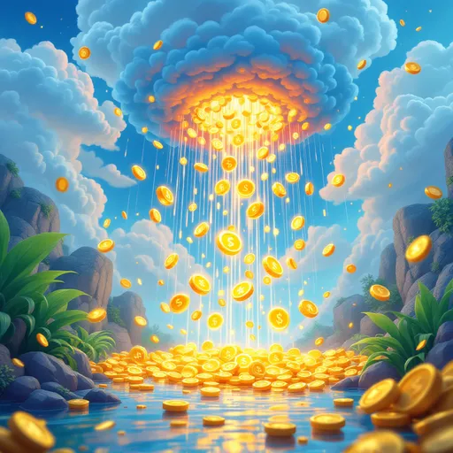 Prompt: Robux Rain, vivid streams of colorful Robux raining from the sky, dynamic and playful atmosphere, playful tone, digital effects of falling currency, cartoonish clouds surrounding the scene, vibrant green and gold accents, inviting and cheerful ambiance, high quality, 4K, ultra-detailed graphics, capturing the essence of gaming excitement.
