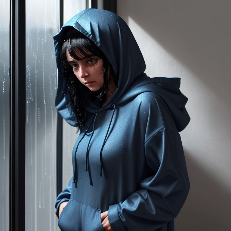 Prompt: 1 beautiful girl with black hair neck sized.she is standing next to a window.It is raining outside..she is wearing a blue hood covering her head and her hands in the pocket.She is crying 