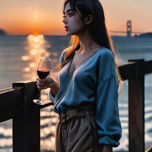 Prompt: A beautiful girl standing in a bridge alone holding the bridge metals.She is looking at the ocean in front of her.The sun is setting and the skies are blue and gray.She is holding a bottle of wine in her hand. She is cold and crying 
Full body