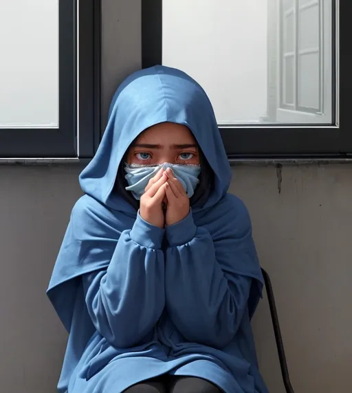 Prompt: A girl seating at a corner near the  window side.She is wearing a blue hood covering her head.She is crying covering her face with her hands.Full body size