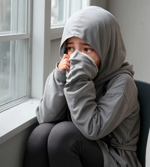 Prompt: A girl seating at a corner near the  window side.She is wearing a grey hood covering her head.She is crying covering her face with her hands.Full body size