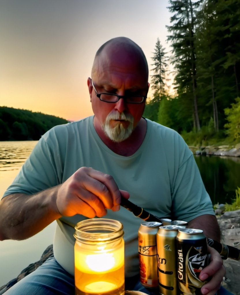 Prompt: Man sitting on the lake shore (expressing relaxation), fishing rod in hand, six-pack of beer cans beside him, smooth waters reflecting a serene dusk sky, (warm golden tones), shadowed trees in the background, calm ambiance, (HD, ultra-detailed), man facing viewers with a thoughtful expression, capturing an atmosphere of tranquility and contemplation.