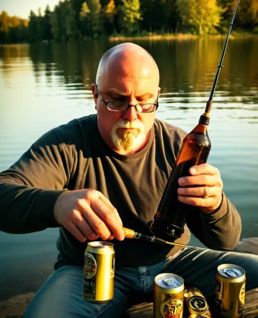 Prompt: Man sitting on the lake shore (expressing relaxation), fishing rod in hand, six-pack of beer cans beside him, smooth waters reflecting a serene dusk sky, (warm golden tones), shadowed trees in the background, calm ambiance, (HD, ultra-detailed), man facing viewers with a thoughtful expression, capturing an atmosphere of tranquility and contemplation.