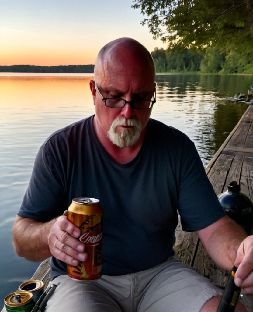 Prompt: Man sitting on the lake shore (expressing relaxation), fishing rod in hand, six-pack of beer cans beside him, smooth waters reflecting a serene dusk sky, (warm golden tones), shadowed trees in the background, calm ambiance, (HD, ultra-detailed), man facing viewers with a thoughtful expression, capturing an atmosphere of tranquility and contemplation.