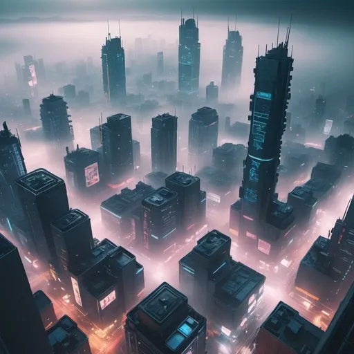 Prompt: birds eye view of a cyberpunk style city thick with mist