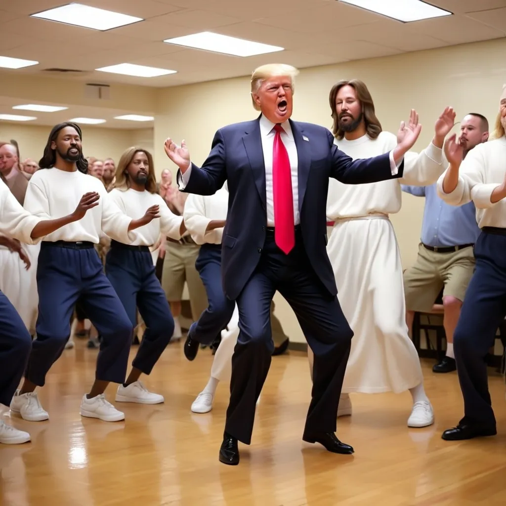 Prompt: Donald Trump dancing with Jesus Christ YMCA song