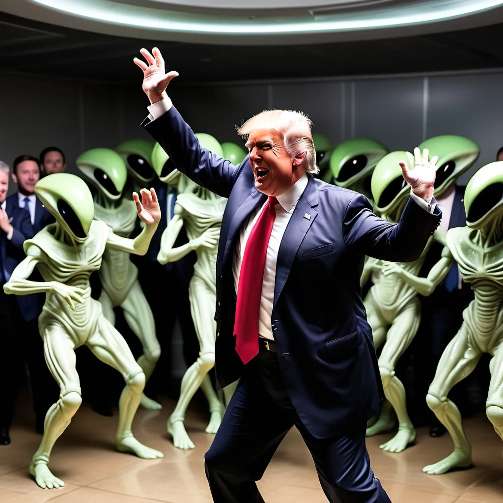 Prompt: Donald Trump dancing with the Aliens