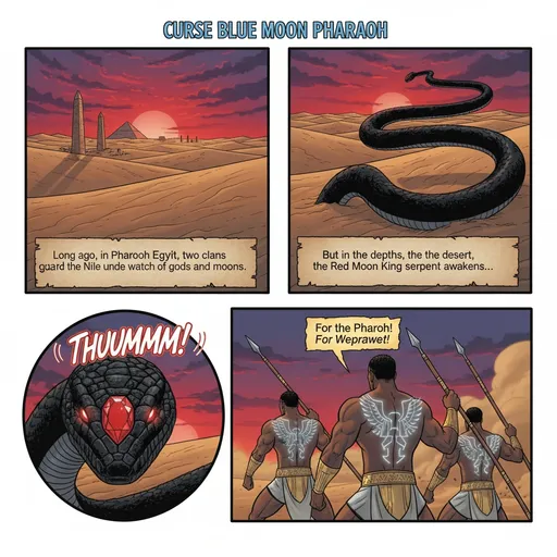 Prompt: Curse Blue Moon Pharaoh – Comic Script (Chapter 1)
Page 1

Panel 1 (Wide establishing shot): The Sahara desert at dusk. The sky burns with a blood-red sun, shadows stretching across sand dunes.

Caption: “Long ago, in Pharaoh Egypt, two clans guarded the Nile under the watch of gods and moons.”

Panel 2: A massive serpent’s shadow stretches across the sand. Its eyes glow like coals.

Caption: “But in the depths of the desert, the Red Moon King serpent awakens…”

Panel 3: Close-up of the serpent’s head—black scales, an enormous red ruby glowing in its forehead.

Sound effect: “THUUMMM!” (heartbeat echo).

Panel 4: Night Wolf Clan warriors, tattoos of Wepwawet glowing silver across their backs, raise spears.

Warrior speech bubble: “For the Pharaoh! For Wepwawet!”

Page 2

Panel 1: The Blue Moon Clan priestess stands near the Nile. Her eyes glow blue, hands lifted in a spell.

Priestess speech bubble: “Khonsu, guard us with moonlight!”

Panel 2: Pharaoh sits on a golden throne inside his temple, the fire of dying life in his eyes.

Pharaoh speech bubble: “Bring me the ruby of the serpent… I will not fade without its gift.”

Panel 3: Close-up of the ruby. The glow pulses stronger.

Caption: “The ruby grants any wish—power to heal, power to rule.”

Panel 4 (Action panel): The serpent rears high above pyramids, roaring. Sand and stone shatter.

Sound effect: “RROOAAARRR!!”

Page 3

Panel 1: The Night Wolf Clan charges across dunes, sandstorms swirling around them.

Warrior speech bubble: “Strike the beast’s heart!”

Panel 2: Blue Moon Clan priestess chants, moonlight descending in silver rays.

Priestess speech bubble: “Seal him, before the Nile runs red!”

Panel 3 (Large panel): The serpent whips its tail, crushing warriors and shattering obelisks.

Sound effect: “KRAAASSSH!!”

Panel 4: Pharaoh watches from his temple balcony, the reflection of the ruby glowing in his eyes.

Pharaoh speech bubble (whispering): “My time runs short… that ruby will be mine.”