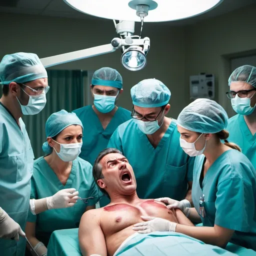 Prompt: An experienced surgeon is shouting angrily at an assistant surgeon in the middle of a heart operation. The assistant surgeon looks nervous and intimidated. Other operation staff members around them are visibly annoyed by behavior of the experienced surgeon. The operating room is fully equipped with surgical tools for heart surgery and bright lights