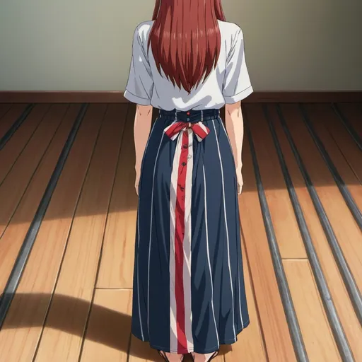 Prompt: The back of a barefooted long-straight haired anime girl. The anime girl is wearing a buttoned shirt and a vertical red striped floor-length maxi long skirt that is extremely long. The anime girl is standing on a wooden floor.

The stripes are blue.
