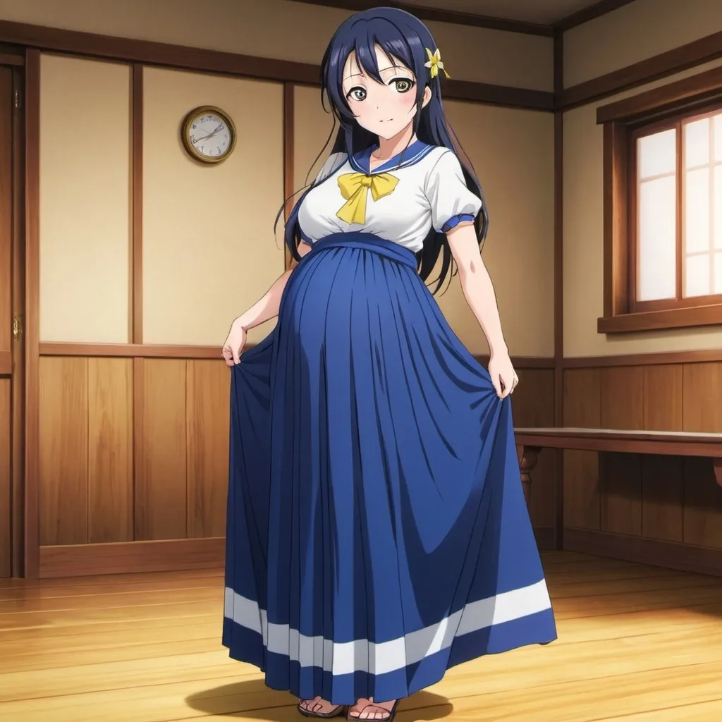 Prompt: Love Live anime pregnant Umi Sonoda with large yellow eyes is wearing a maxi long floor-length vertical blue striped skirt that is extremely long. She is standing on a wooden floor.