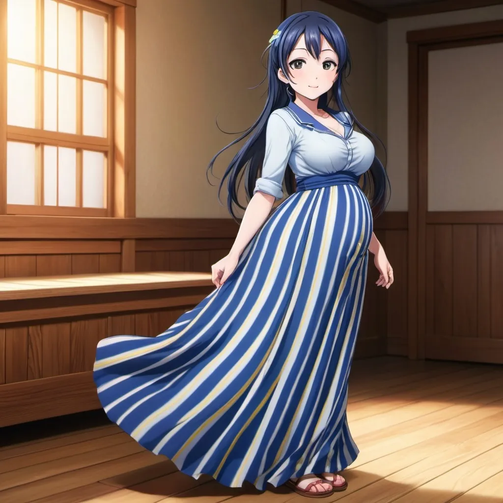 Prompt: Love Live anime pregnant Umi Sonoda with large yellow eyes is wearing a maxi long floor-length vertical blue striped skirt that is extremely long. She is standing on a wooden floor.