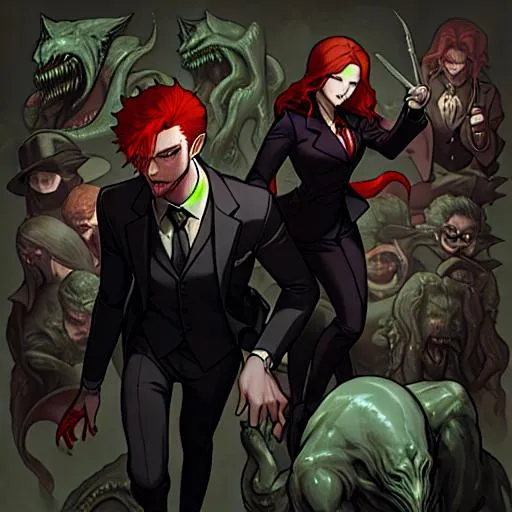 Prompt: dnd group image of two paranormal type investigators ones a "male wolf" type guy in a suit a detective a "red haired woman" a professor/doctor 
fighting off a call of Cthulhu type monster 
