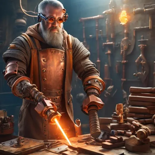 Prompt: artificer, human man with beard, copper skin, gadgets around wrists, pictured with hammer and anvil