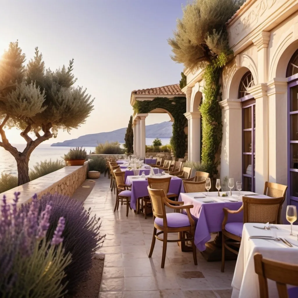 Prompt: Seaside luxurious restaurant with ancient Greek aesthetics, garden with lavender and olive oil trees in the late afternoon, realistic photograph, detailed architecture, elegant atmosphere, warm Mediterranean color palette, soft golden lighting, luxurious, ancient Greek, seaside, realistic, detailed garden, elegant architecture, late afternoon lighting, warm Mediterranean colors, lavender garden 