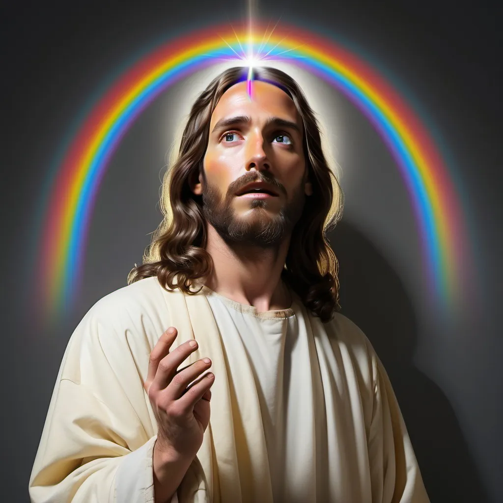 Prompt: Jesus  with a rainbow around his head with a sliver light in-between the colors