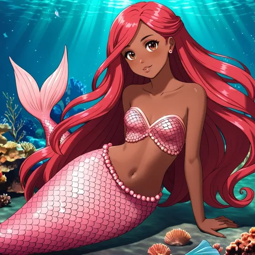 Prompt: Young woman with long cherry red hair, brown eyes, brown skin and a mermaid tail is light pink.