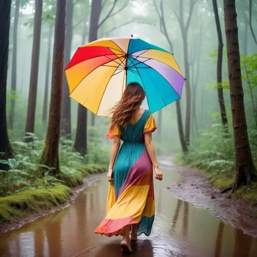 Prompt: Pretty girlin long boho dress carrying a colored umbrella running under the rain in a mystical forest around sunlight