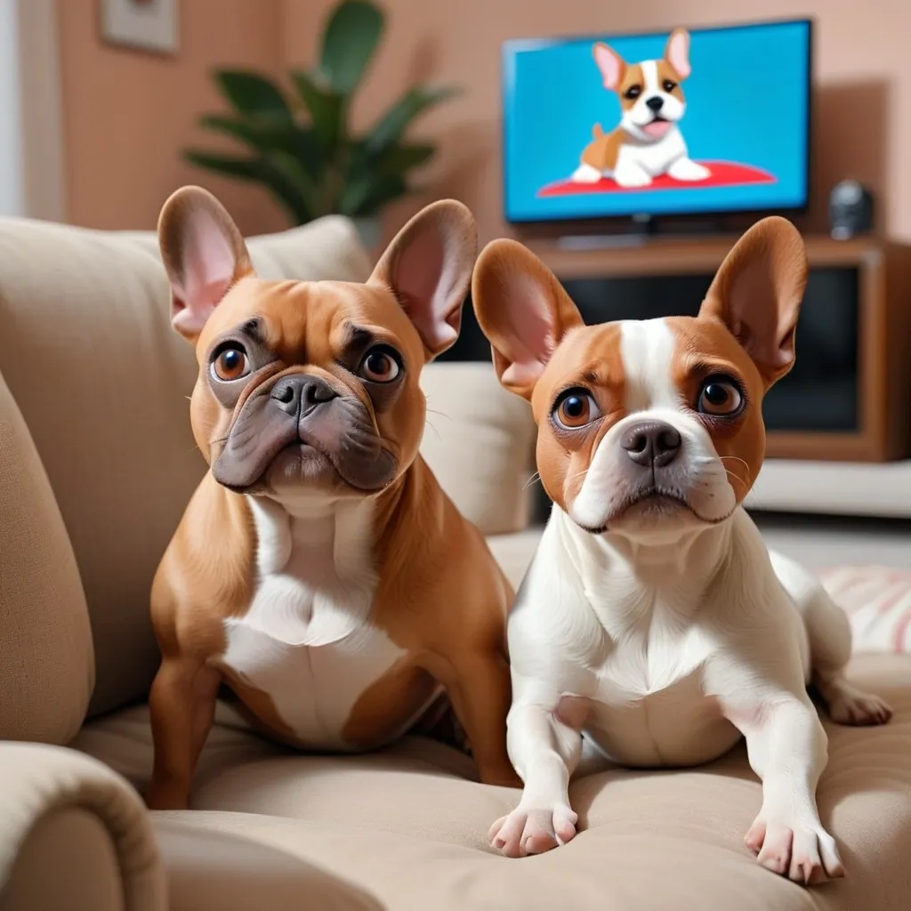 Prompt: Disney style brown French bulldog and a jack Russel lying on a sofa watching tv