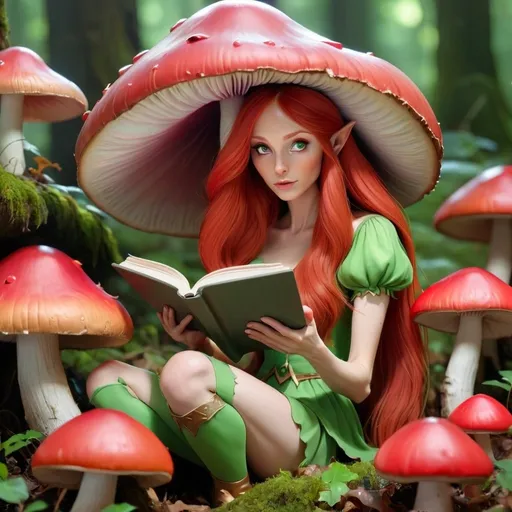 Prompt: Elf lady with long red hair under a big mushroom ,reading