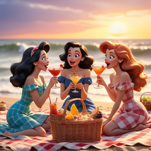 Prompt: Disney style gossiping ladies drinking cocktails on a picnic blanket. A basket of food on the side. Rushing waves on the seashore. Sunset view