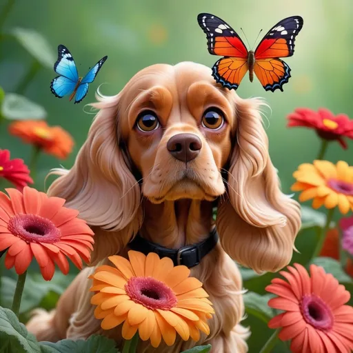 Prompt: Disney style cocker spaniel watching a colored butterfly on a gerbera flower