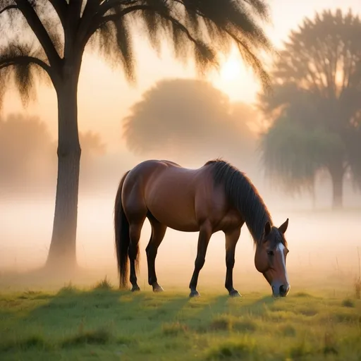 Prompt: Horse grazing by the grasses. Mist abovecthe grass. Trees on a side. Blurry sunrise in the background 