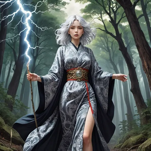 Prompt: tarot card Anime illustration, 2 silver-haired woman, detailed ornate cloth robe, dramatic lightning walking in the woods