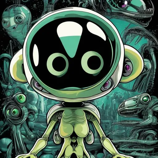 Prompt: An Alien Being with short arms and short legs. a big head and large eyes.  scifi popart. 