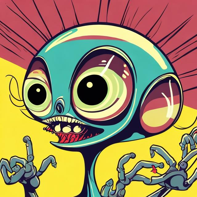 Prompt: Illustrate an alien being in the style of pop art with long arms long legs big eyes and a small mouth. 