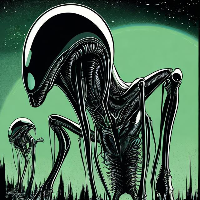 Prompt: An Alien Being with Long arms and long legs.  scifi popart. 