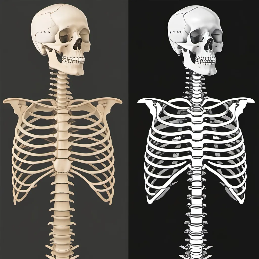 Prompt: Side-by-side anatomical illustration comparing correct and incorrect rib cage positioning. Left image: Accurate human torso with properly aligned ribs, sternum, and spine. Right image: Distorted torso with elevated rib cage, flared lower ribs, and exaggerated thoracic kyphosis. Both in medical textbook style, labeled clearly, neutral color palette, cross-sectional view. The subcostal angle ranges from 70 to 90 degrees and over100 degrees.