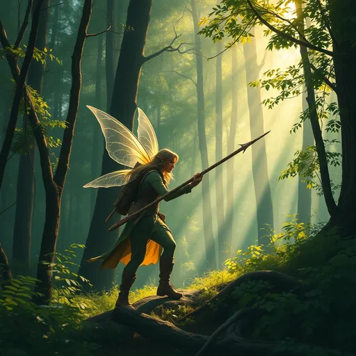 Prompt: Elf ranger in a mystical forest around sunlight
