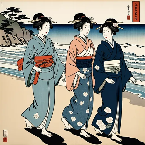 Prompt: Ukiyo-e japanese art of three woman walking on the beach, one in front of the other