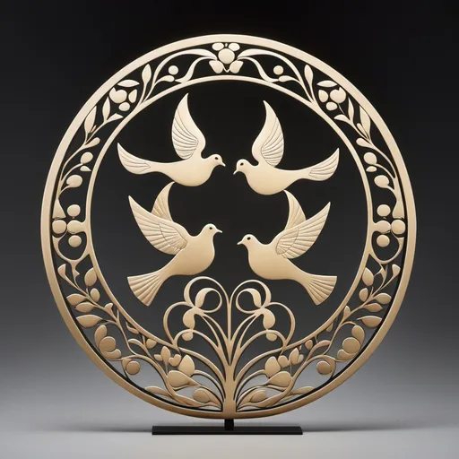 Prompt: "A beautifully minimalistic sculptural medallion featuring five metallic doves in an abstract, artistic style. Each dove is uniquely shaped, with elegant variations in size and pose, creating a balanced yet dynamic composition. They are arranged in a circular formation, all gently holding onto a single branch that weaves naturally through the design—sometimes passing above one dove, sometimes beneath another. A gracefully sculpted hand, designed with artistic simplicity, emerges as part of the composition, interacting harmoniously with the doves and the branch. The doves and the hand have smooth, flowing forms with a refined metallic texture, resembling an elegant, handcrafted relief. The medallion’s frame is simple yet sophisticated, enhancing the artistic harmony of the piece."








