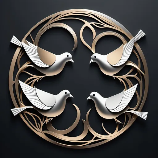 Prompt: "A minimalist artistic illustration of five metallic doves, simplified with abstract details. They are arranged in a circular formation, each holding onto the same single branch with their beaks. The design emphasizes smooth, reflective metal textures with a modern, elegant feel, while keeping the overall composition slightly abstract and artistic."

