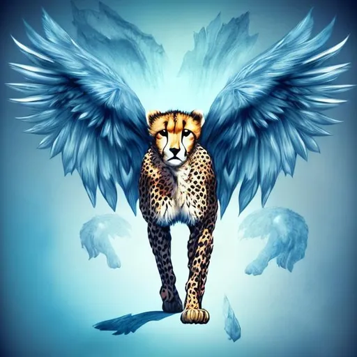 Prompt: ilustration of cheetah ready to atack, with wings, realistic style, blue colors