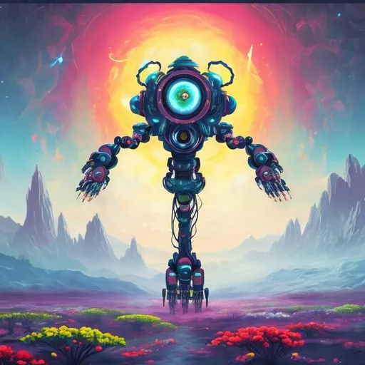 Prompt: painting of robotic flower growing from the planet, bright colors, solid backround, anime style