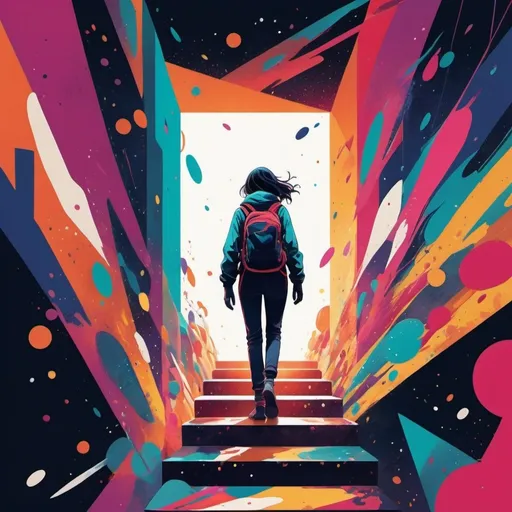 Prompt: Illustration of a person stepping into an unknown space filled with vibrant colors and abstract shapes, symbolizing the courage to explore new artistic territories. The scene includes modern art elements and bold graphics, with a dynamic and adventurous atmosphere. Anime style