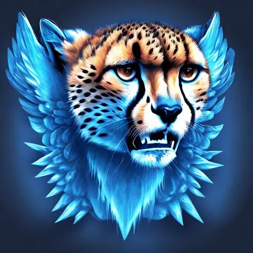 Prompt: ilustration of cheetah rready to atack, with wings, realistic style, blue colors