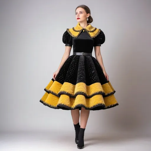 Prompt: Fancy dress. have stein. creased stein. Multi-layer puffy skirt. Guipure dress collar
Dress design based on bees. Velvet fabric. Expensive fabric. Luxury fabric. Luxury design. Luxury fabric. Black and yellow color. the pearl
