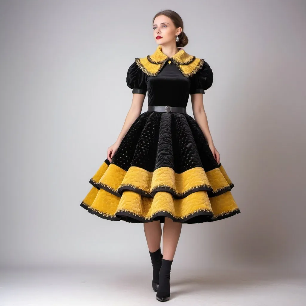 Prompt: Fancy dress. have stein. creased stein. Multi-layer puffy skirt. Guipure dress collar
Dress design based on bees. Velvet fabric. Expensive fabric. Luxury fabric. Luxury design. Luxury fabric. Black and yellow color. the pearl
