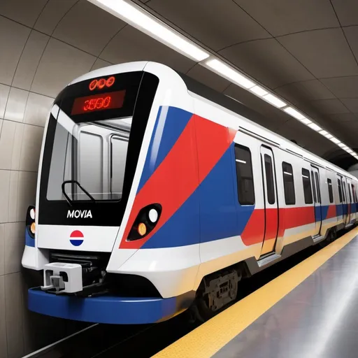 Prompt: Design me a Modern and Futuristic Metro Subway Train concept (based on Bombardier's Movia Subway Cars) with Cambodia flag as the livery (using red, white, and blue colors + Cambodia Flag on the side) on the train